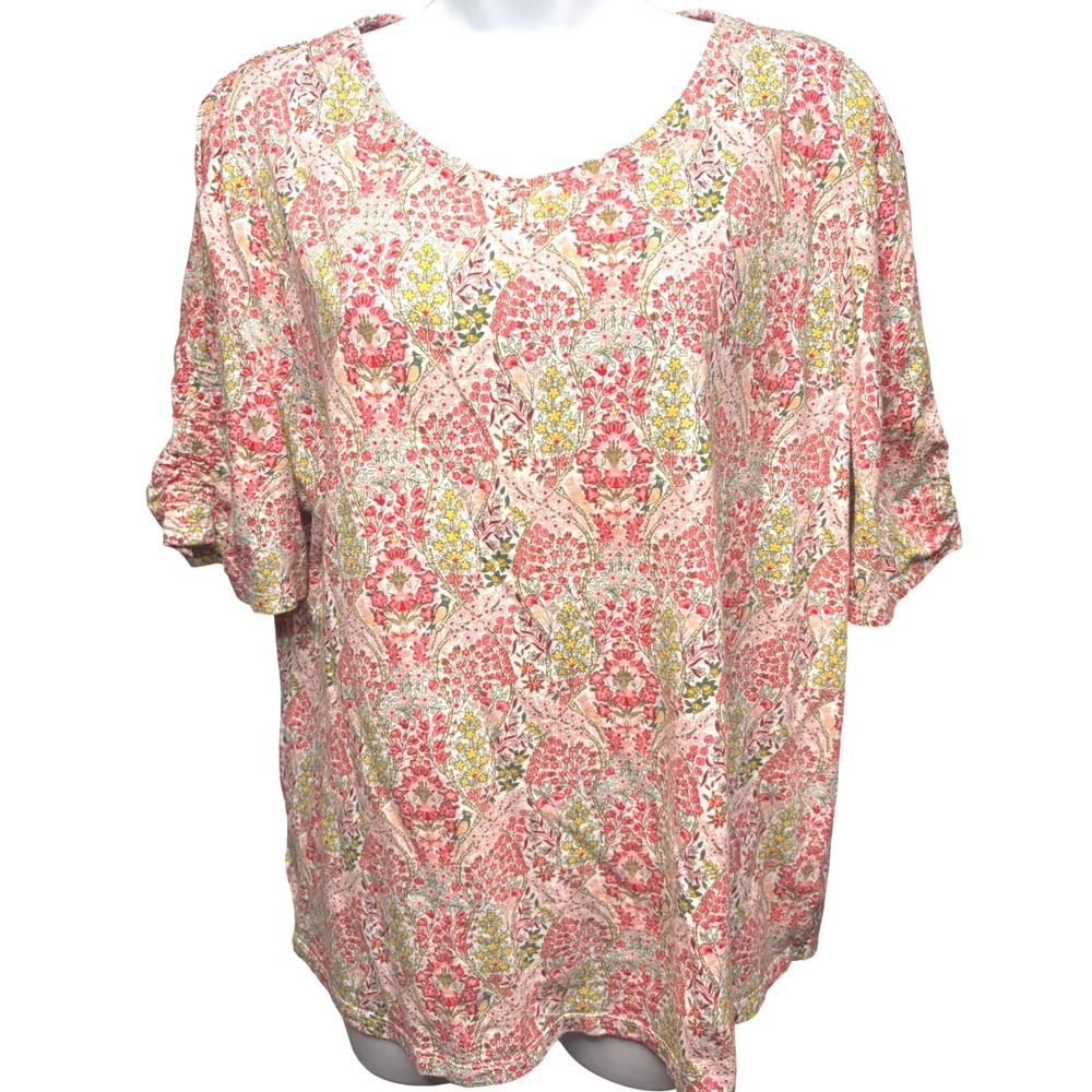 TALBOTS Womens Pink Green Floral T-Shirt XL Ruched Grandmacore Cottagecore Soft